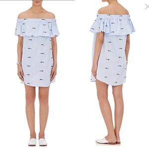 Sea New York x Barneys Fish Embroidered Off The Shoulder Dress Small Blue White